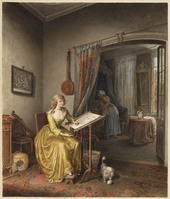 U 069a
<br/>
Bordurende vrouw in interieur
<br/>
<em>Laquy, Willem Jozef (1738-1798)</em>